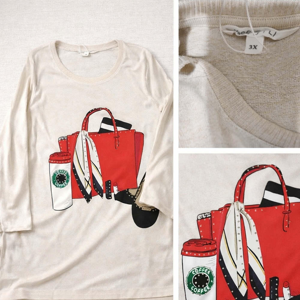 Stylish Cream Long Sleeve Top with Red and Black Graphic
